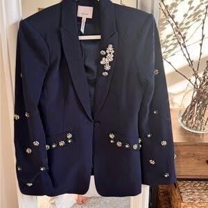 Cinq à Sept Navy Blazer with Floral Embellishments